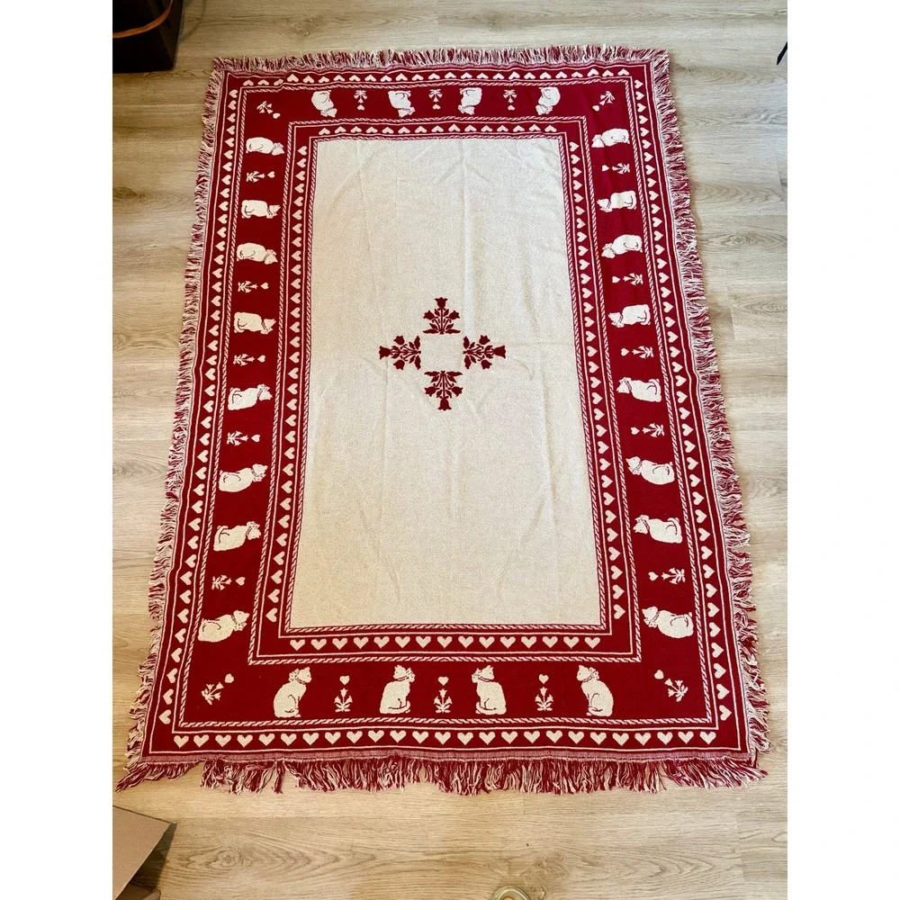 Vintage Woven Cat Tapestry Throw Blanket Red Cream Heart Fringe Reversible 46x68